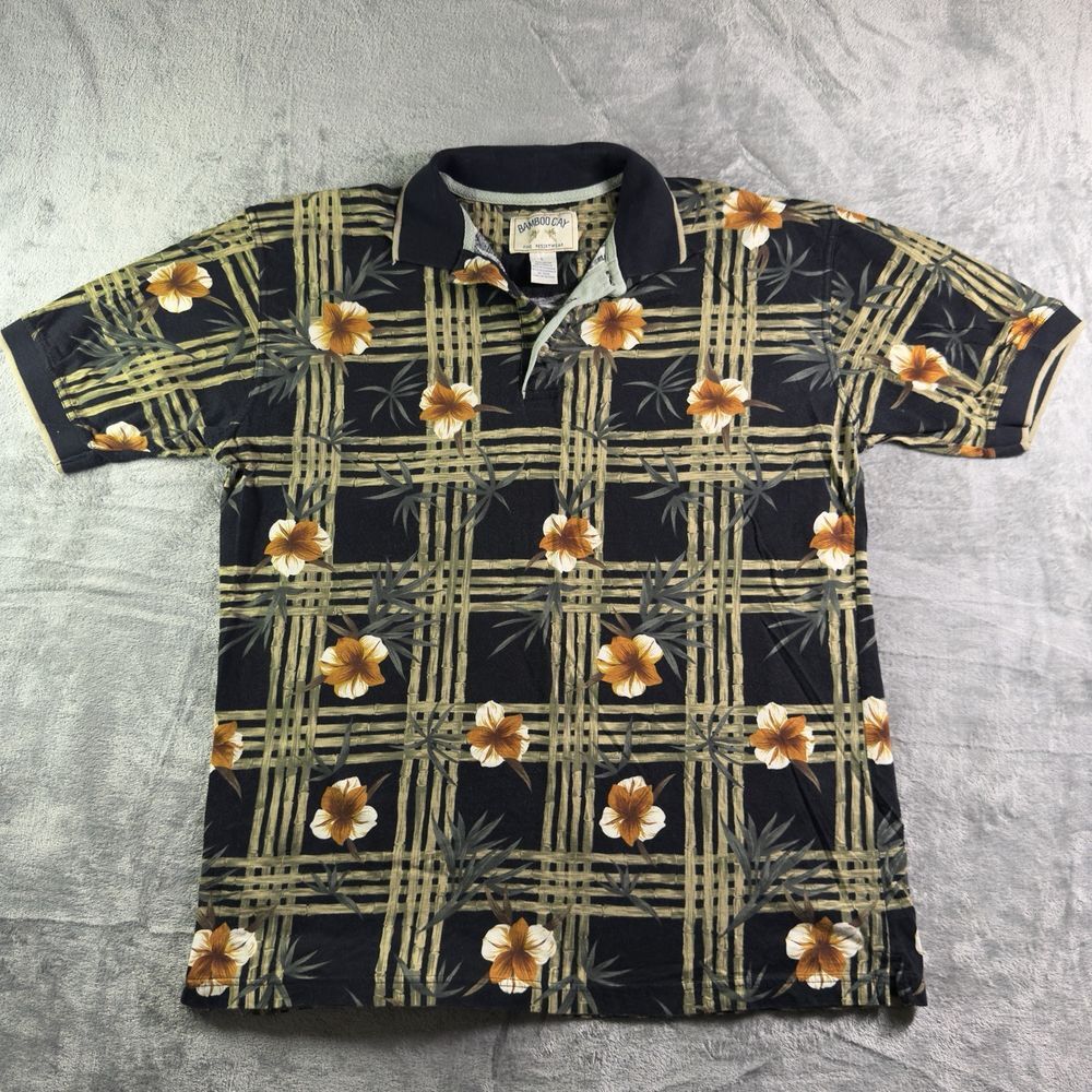 Bamboo Cay Hawaiian Shirt Mens Large Black Hibiscus Bamboo Print Short Sleeve